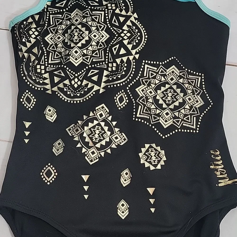 𝅺justice Active Girls size 14 Leotard Cute Criss Cross Back and Beautiful Gold